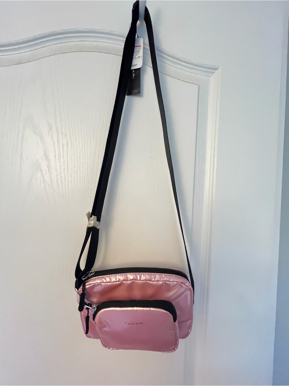 Tahari Shiny Pink Crossbody Bag with Black Strap